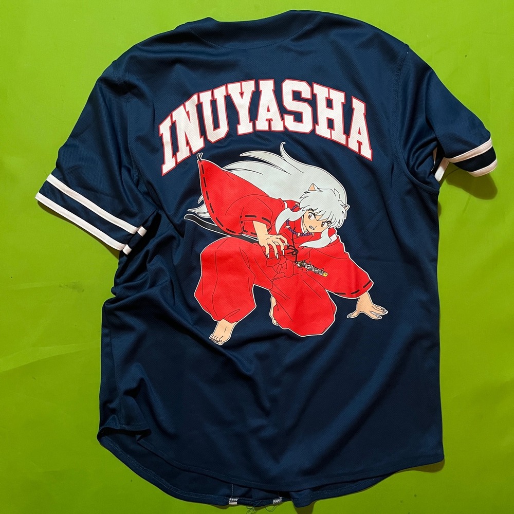 InuYasha Anime Baseball Jersey Navy Blue Mesh Button Up Shirt Mens Medium